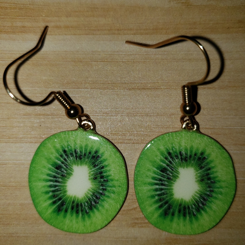 Kiwi drop dangle earrings handmade goldtone metal